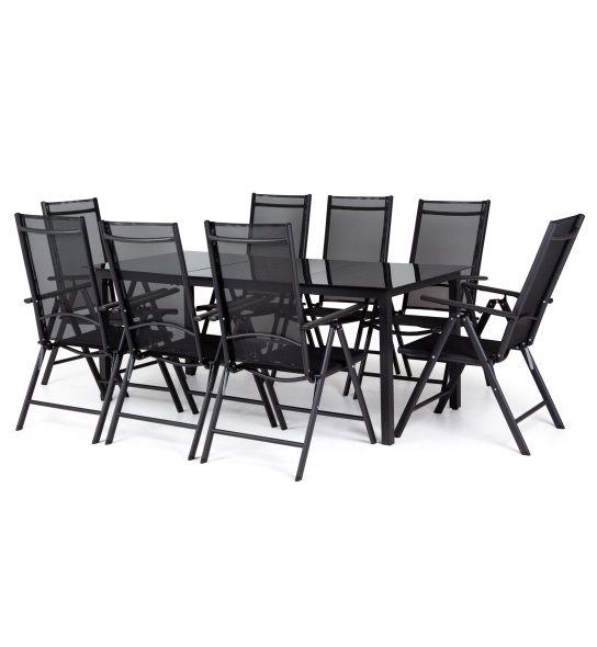 Aluminiowy zestaw ogrodowy stół + 8 krzeseł Era czarny szklany stół