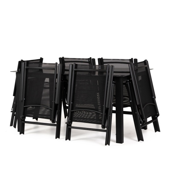 Aluminiowy zestaw ogrodowy stół + 6 krzeseł Era czarny szklany stół