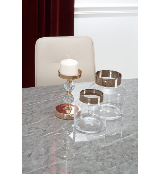 Stół do jadalni Barcano 160x90 cm dąb efekt marmuru/złoty róż glamour