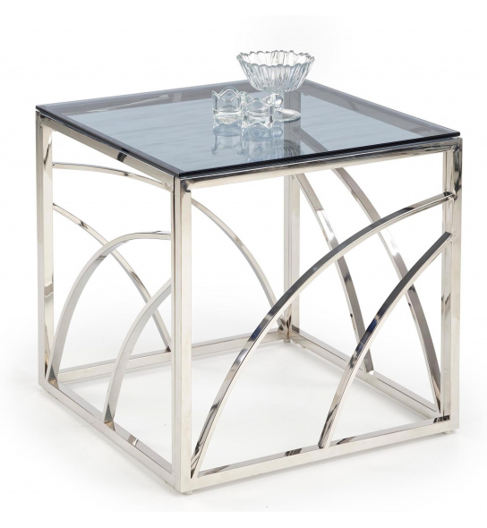 Szklany stolik kawowy Universe 55 cm srebrny dymione szkło glamour