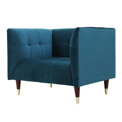 Fotel welurowy Rikko niebieski/orzech złote nakładki glamour