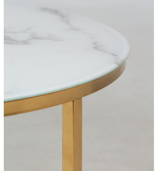 Okrągły szklany stolik glamour Lula II 80 cm biały efekt marmuru złote nóżki