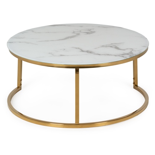 Okrągły szklany stolik glamour Lula II 80 cm biały efekt marmuru złote nóżki