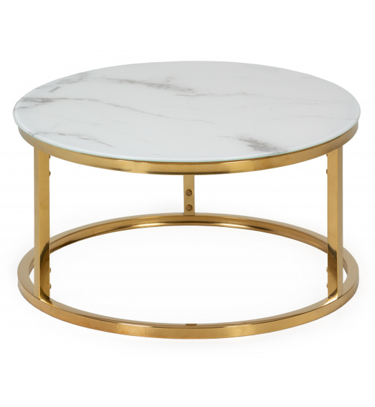 Okrągły szklany stolik glamour Lula 60 cm biały efekt marmuru złote nóżki