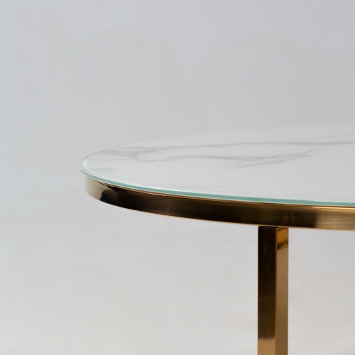 Okrągły szklany stolik glamour Lula 60 cm biały efekt marmuru złote nóżki