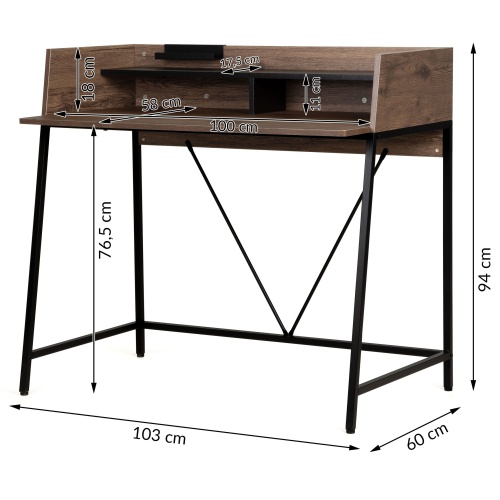 Małe biurko z nadstawką Linato 103 cm orzech/czarne