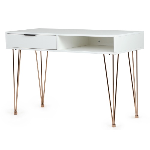 Drewniane biurko z szufladą Ludo 110 cm białe/złote nóżki