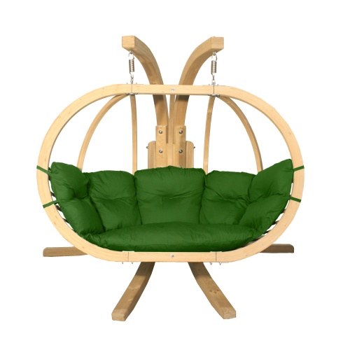 Drewniany podwójny fotel wiszący O-Zone Premier Swing Pod zielonymi ze stojakiem