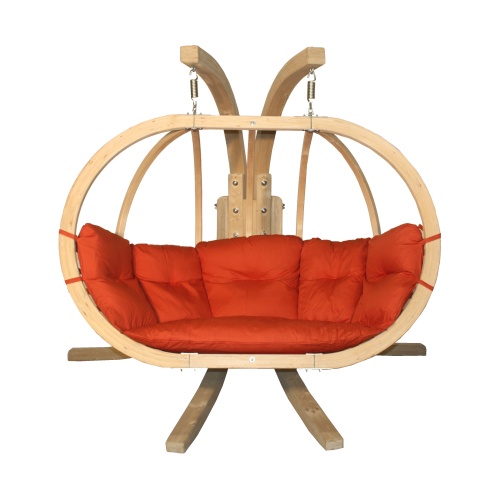 Drewniany podwójny fotel wiszący O-Zone Premier Swing Pod czerwony ze stojakiem