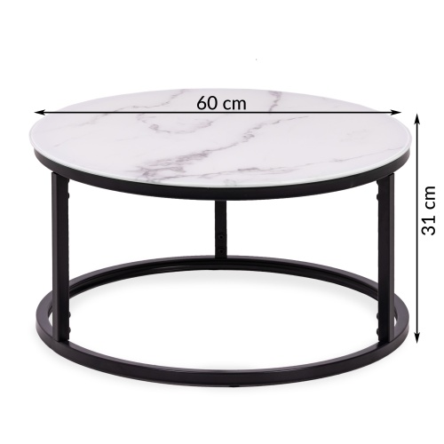 Okrągły szklany stolik glamour Lula 60 cm biały efekt marmuru czarne nóżki