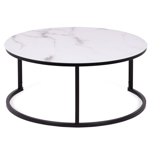 Okrągły szklany stolik Lula 80 cm biały efekt marmuru czarne nóżki