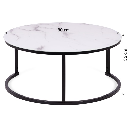 Okrągły szklany stolik Lula 80 cm biały efekt marmuru czarne nóżki