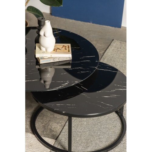 Okrągły szklany stolik Lula 60 cm czarny efekt marmuru