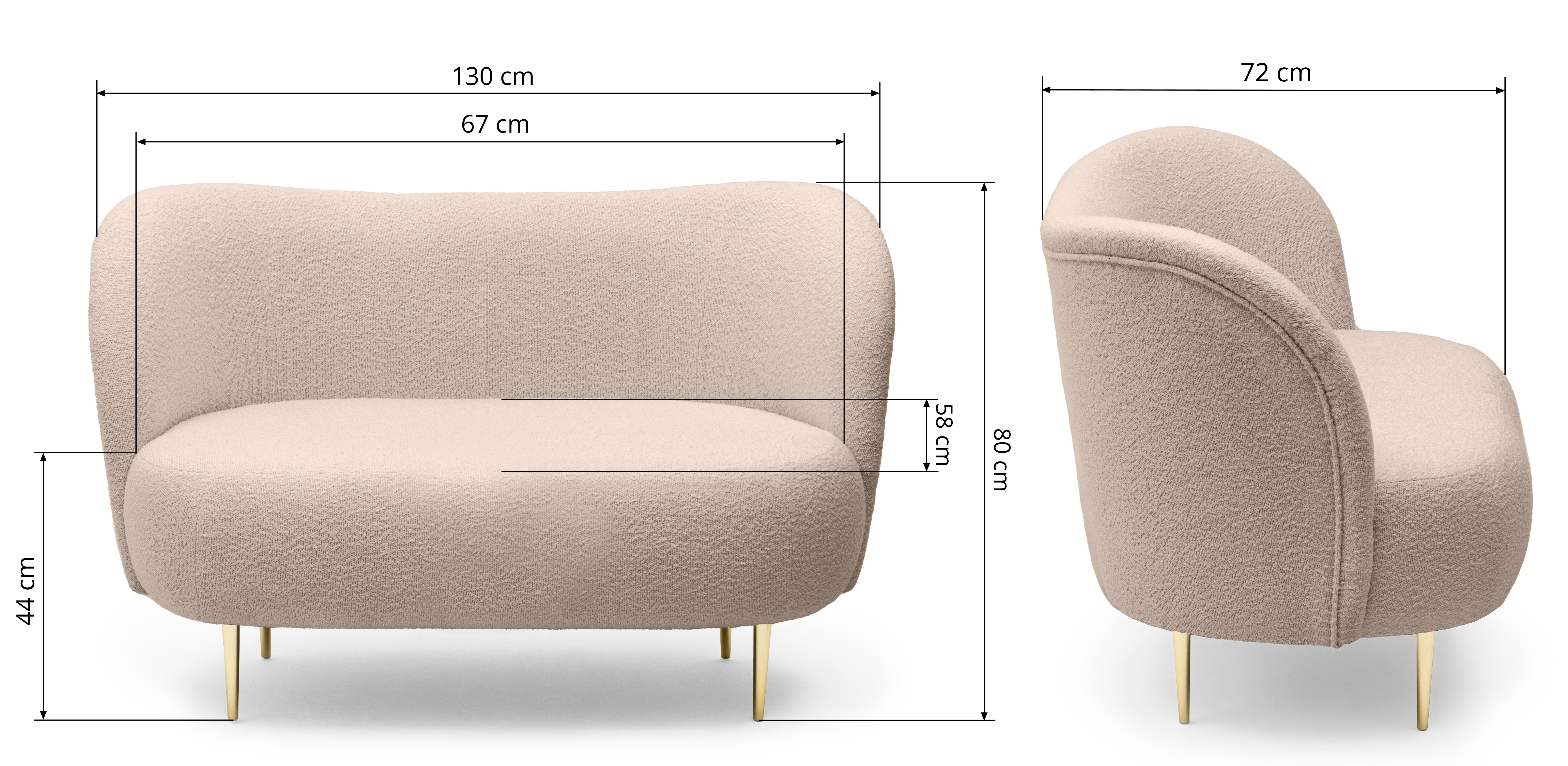 Sofa dwuosobowa Nela jasnobeżowa/złote nóżki, boucle