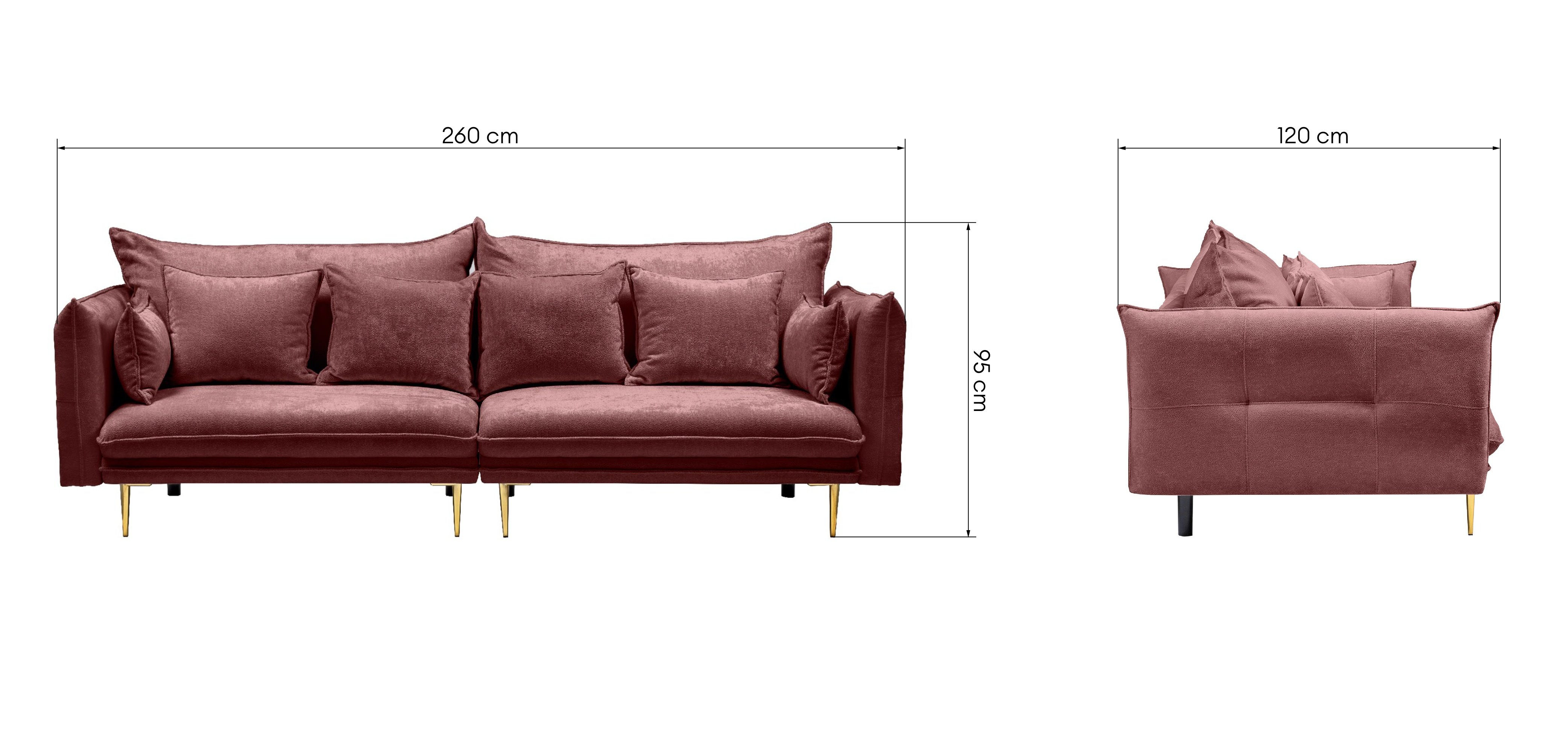 Sofa do salonu Glam bordowa/złote nóżki