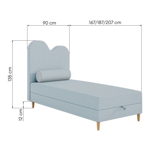 Łóżko dziecięce boxspring z pojemnikiem Breeze 160/180/200x90 cm, niebieskie, welur