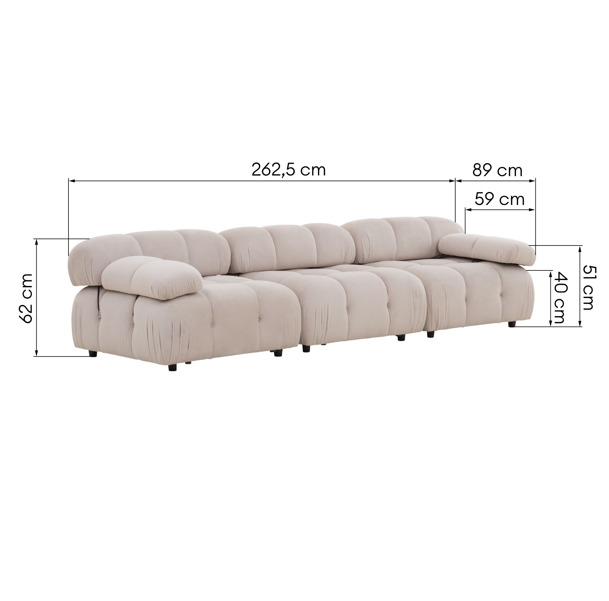 Sofa modułowa Fluf 3-częściowa, beżowa, welur