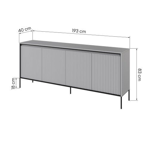 Komoda czterodrzwiowa Trend, 193 cm, oświetlenie LED, szara/czarna, ryflowany front