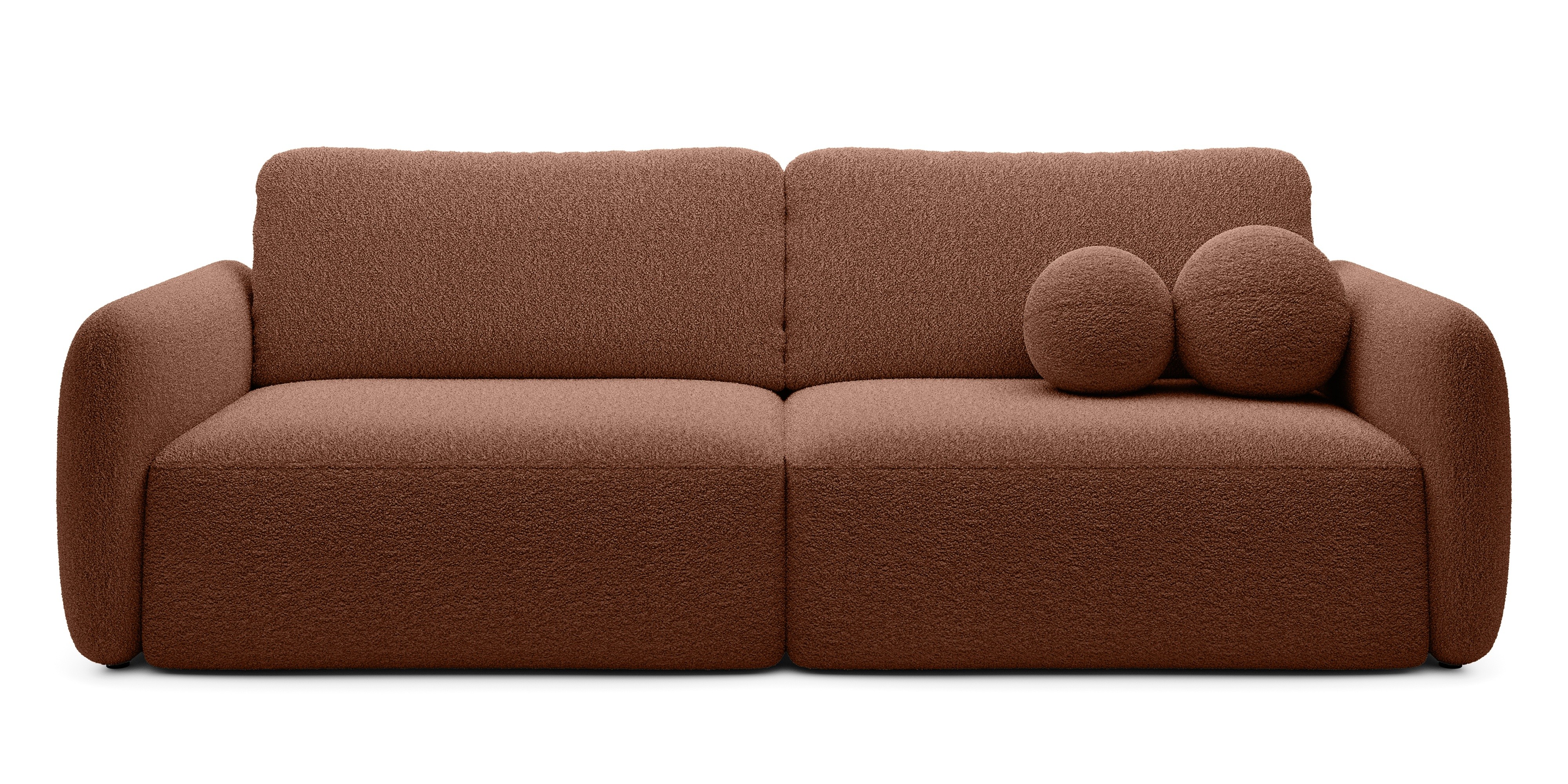 Sofa rozkładana Botse miedziana z pojemnikiem, obłe kształty, boucle