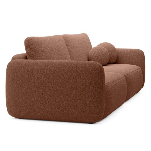 Sofa rozkładana Botse miedziana z pojemnikiem, obłe kształty, boucle