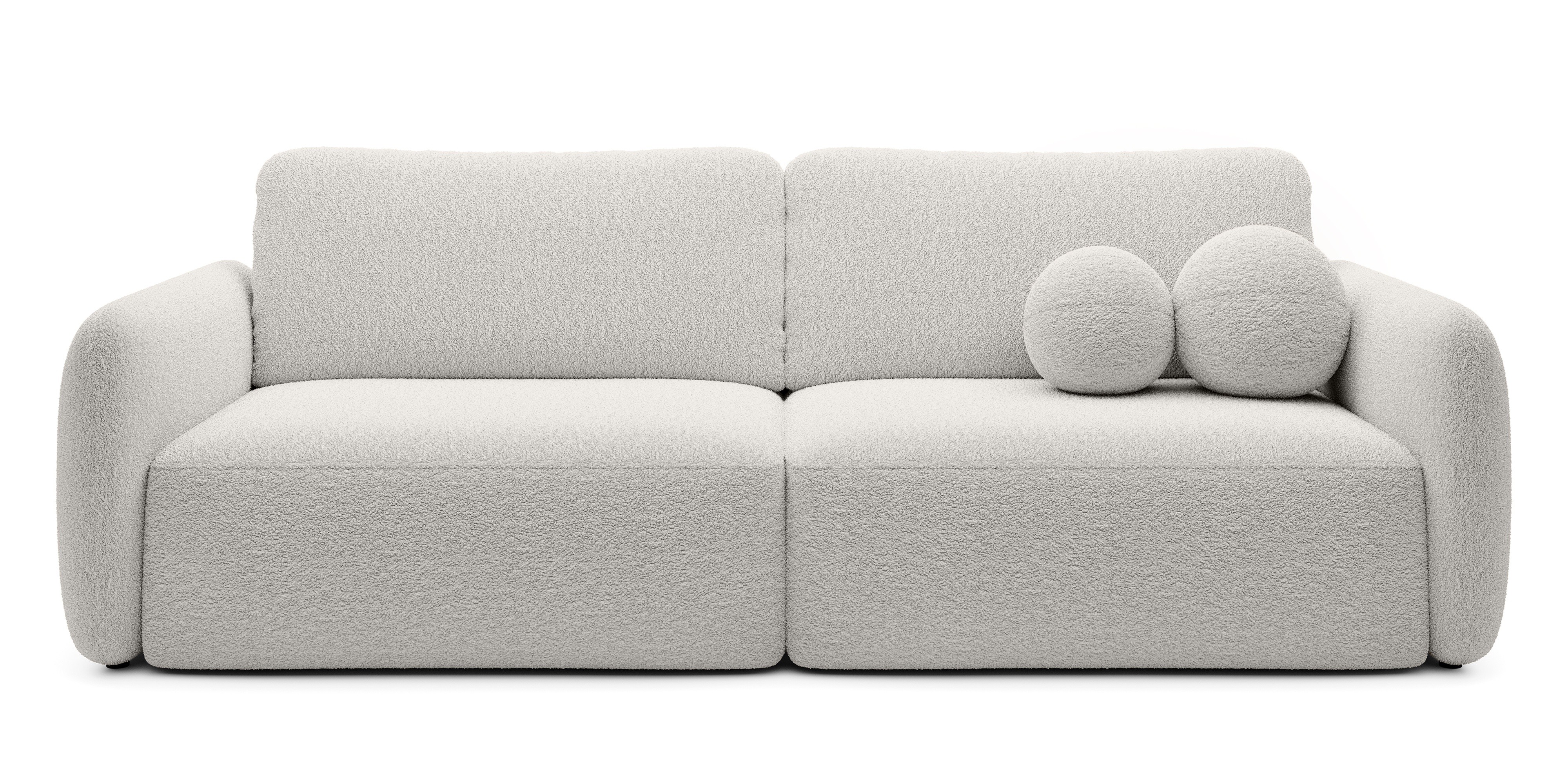 Sofa rozkładana Botse ecru z pojemnikiem, obłe kształty, boucle