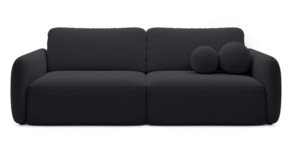 Sofa rozkładana Botse czarna z pojemnikiem, obłe kształty, boucle