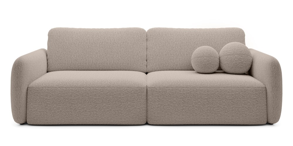 Sofa rozkładana Botse beżowa z pojemnikiem, obłe kształty, boucle