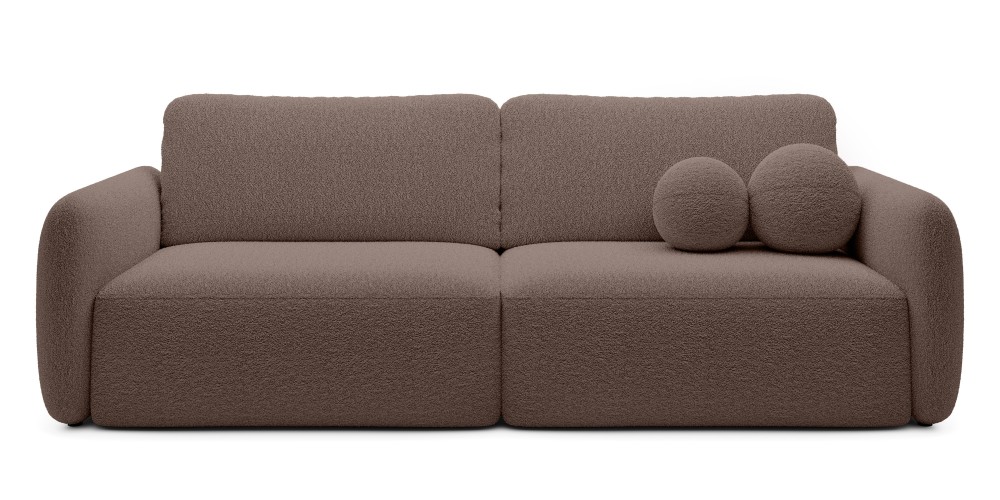 Sofa rozkładana Botse brązowa z pojemnikiem, obłe kształty, boucle