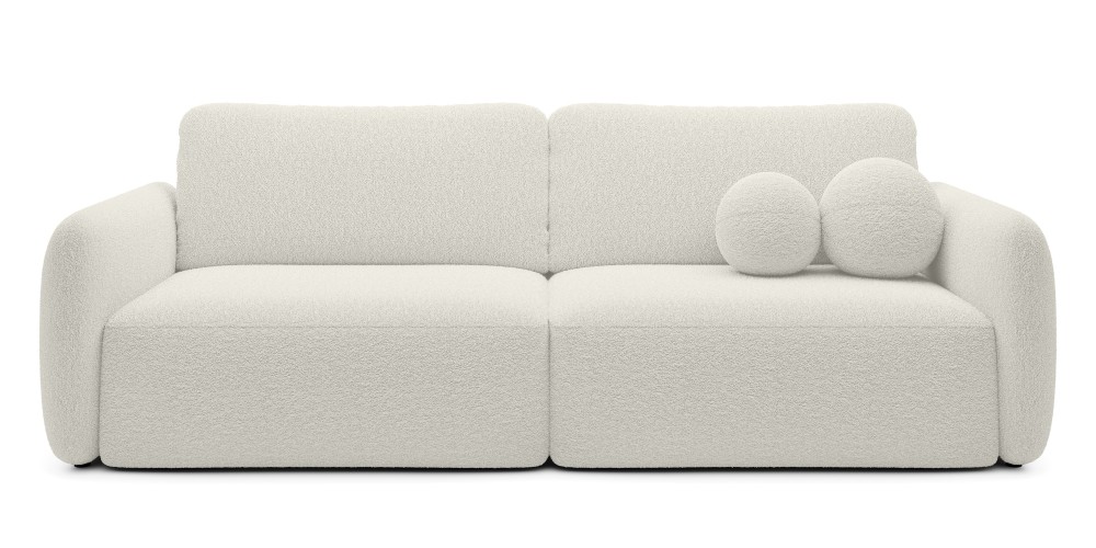 Sofa rozkładana Botse kremowa z pojemnikiem, obłe kształty, boucle