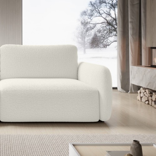 Sofa rozkładana Botse kremowa z pojemnikiem, obłe kształty, boucle
