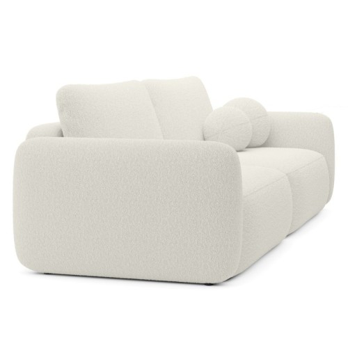 Sofa rozkładana Botse kremowa z pojemnikiem, obłe kształty, boucle