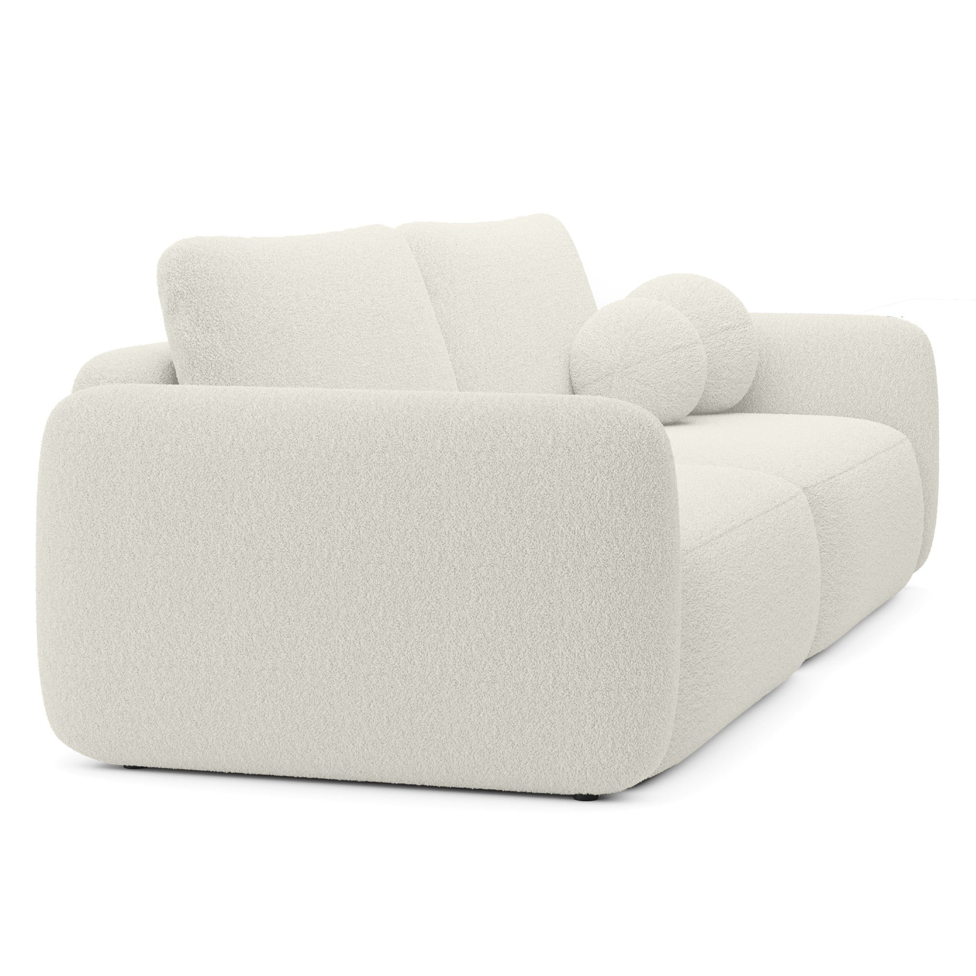 Sofa rozkładana Botse kremowa z pojemnikiem, obłe kształty, boucle