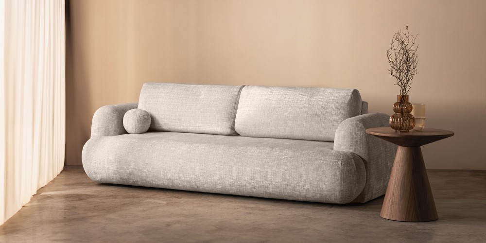 Sofa z funkcją spania i pojemnikiem Imola, beżowa, obłe kształty