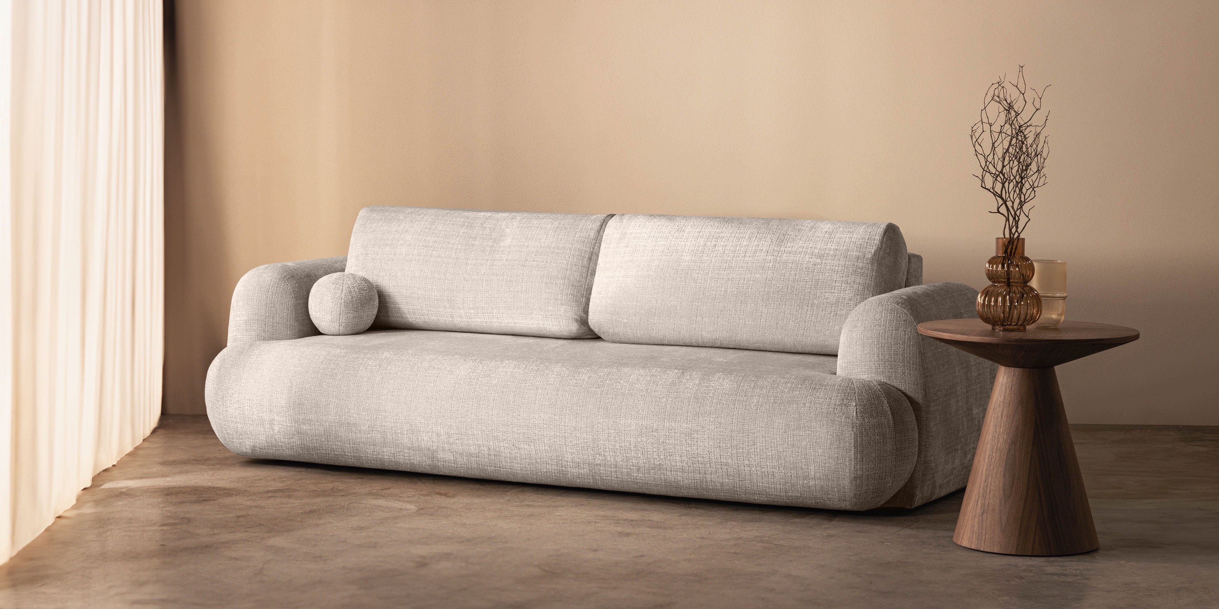 Sofa z funkcją spania i pojemnikiem Imola, beżowa, obłe kształty