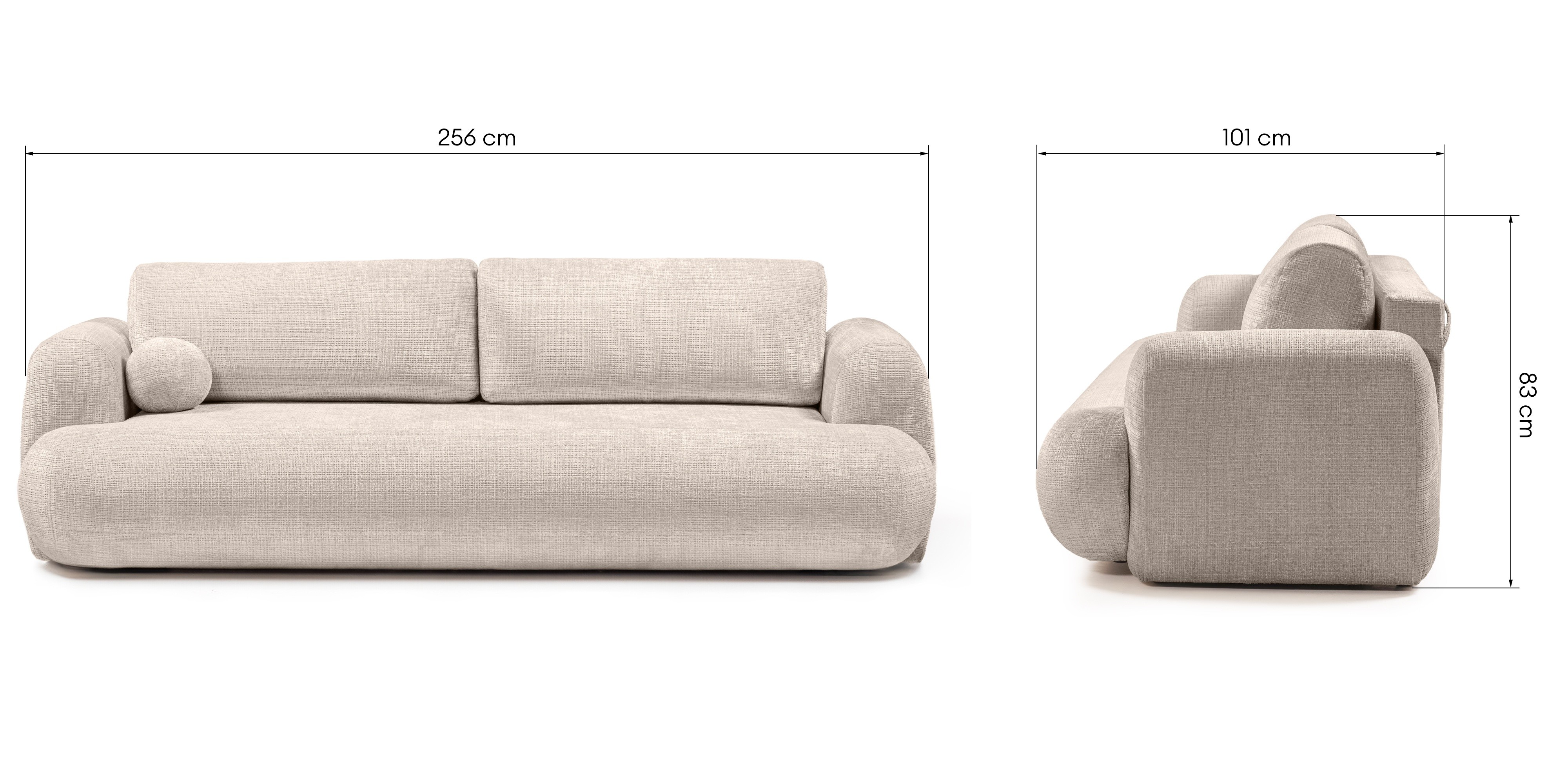 Sofa z funkcją spania i pojemnikiem Imola, beżowa, obłe kształty