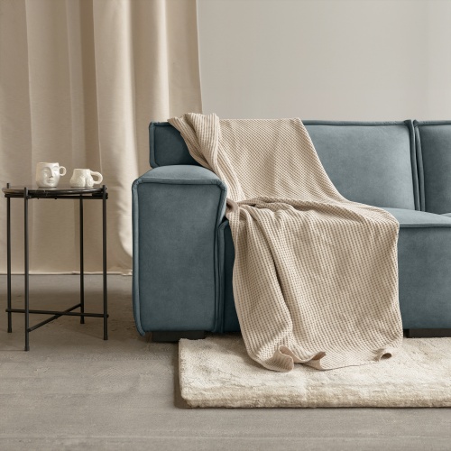 Sofa 3-osobowa z pufem Lenny modułowa, szaroniebieska, welurowa