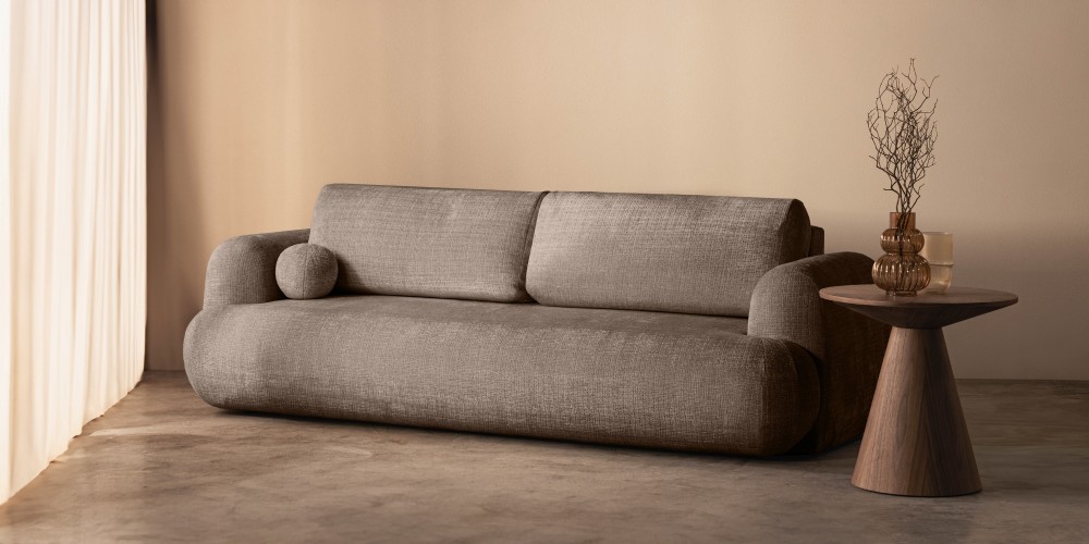 Sofa z funkcją spania i pojemnikiem Imola, brązowa, obłe kształty