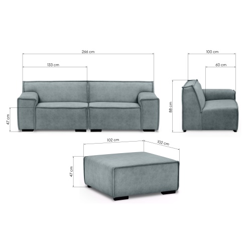 Sofa 3-osobowa z pufem Lenny modułowa, szaroniebieska, welurowa