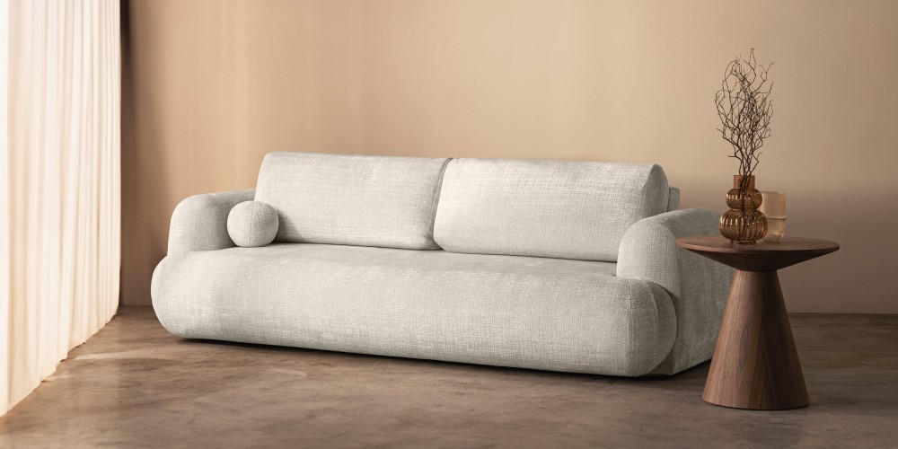 Sofa z funkcją spania i pojemnikiem Imola, jasnobeżowa, obłe kształty