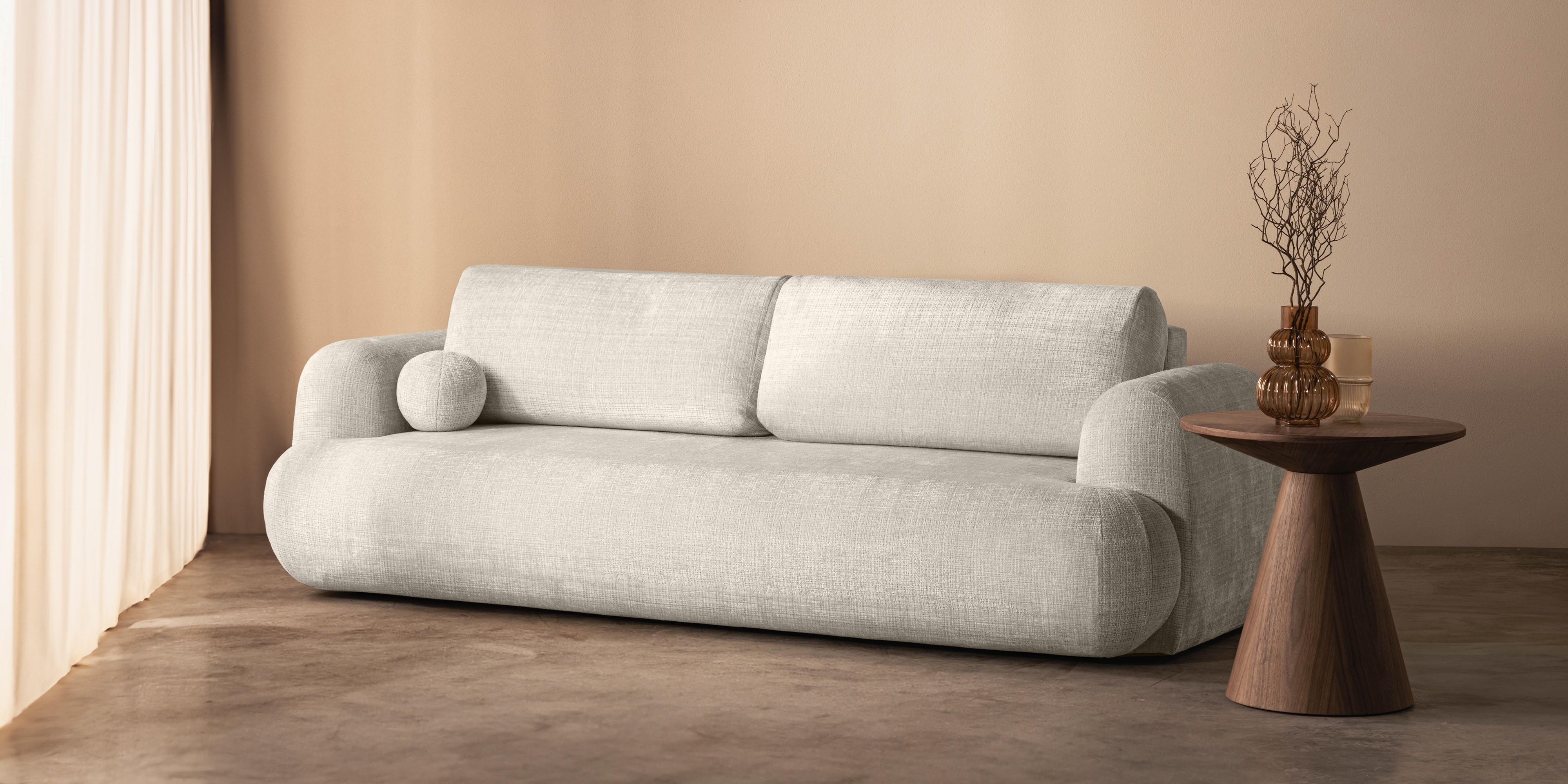 Sofa z funkcją spania i pojemnikiem Imola, jasnobeżowa, obłe kształty