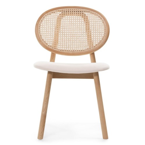 Krzesło drewniane Monet z plecionką wiedeńską, rattan, welur, naturalne/jasnobeżowe