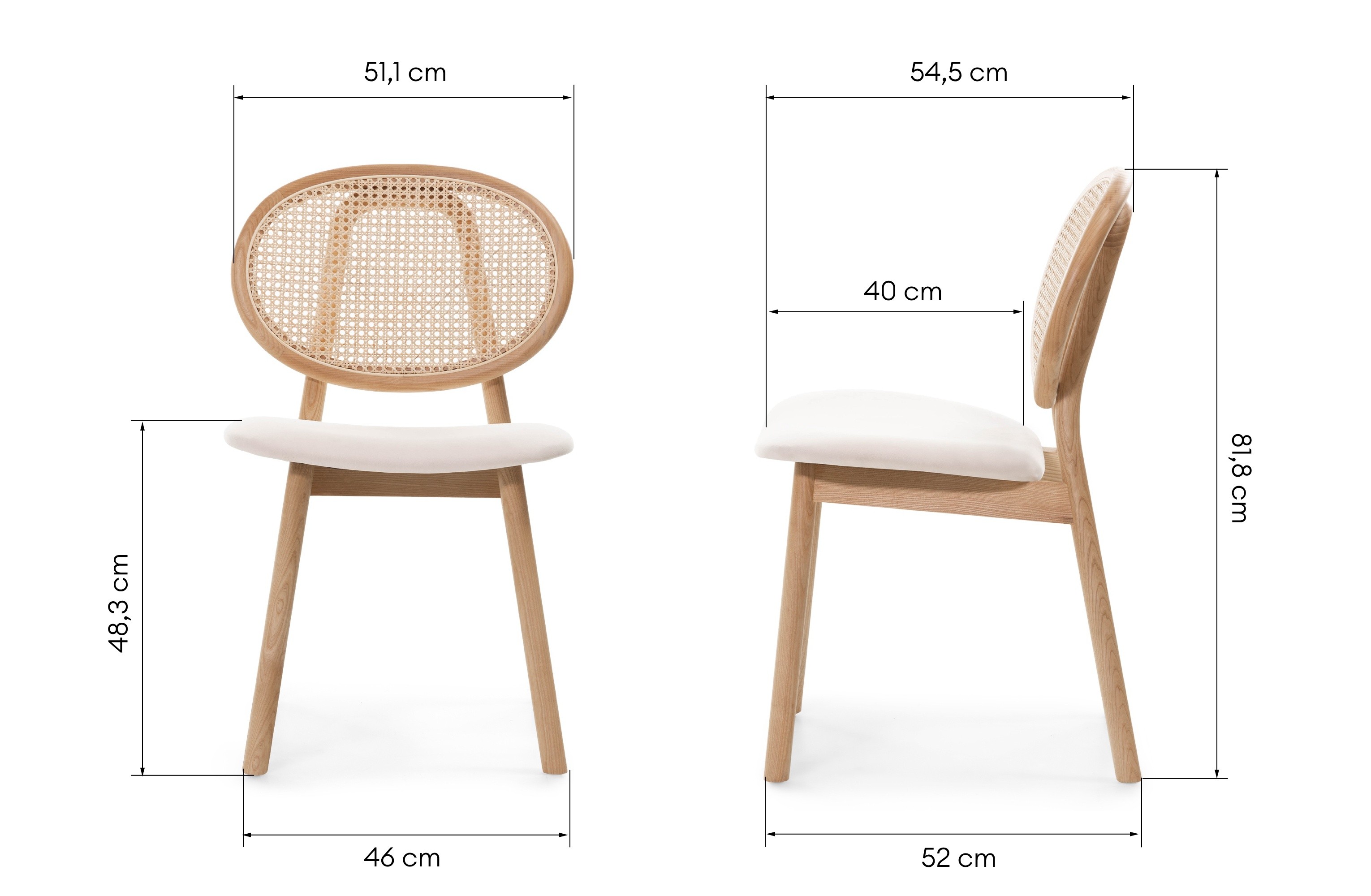 Krzesło drewniane Monet z plecionką wiedeńską, rattan, welur, naturalne/jasnobeżowe