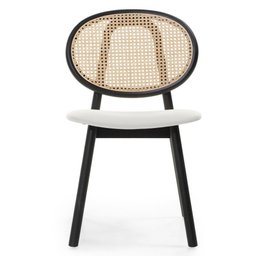 Krzesło drewniane Monet z plecionką wiedeńską, rattan, welur, czarne/ecru