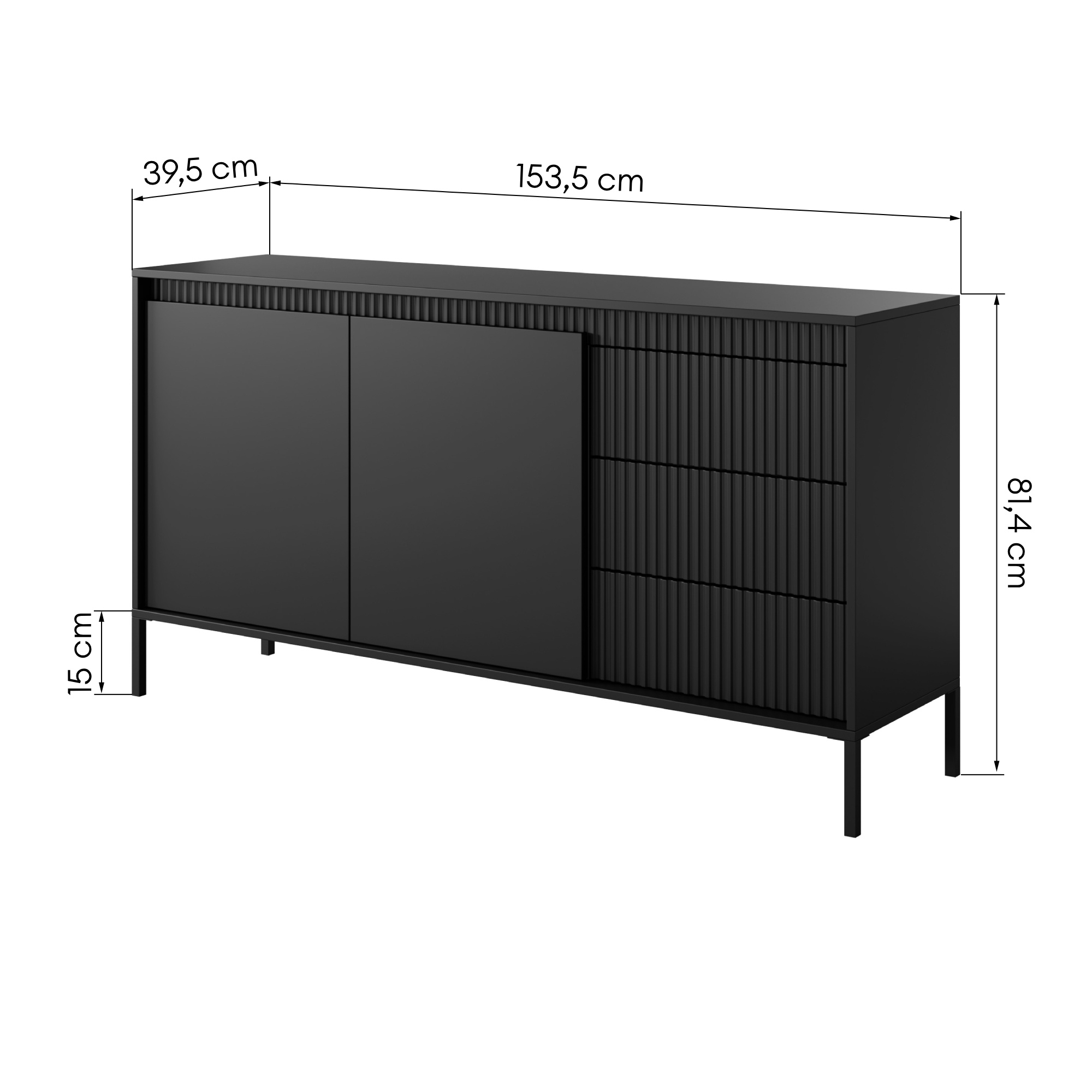 Komoda dwudrzwiowa z szufladami Gavin, 153,5 cm, lamele, czarna