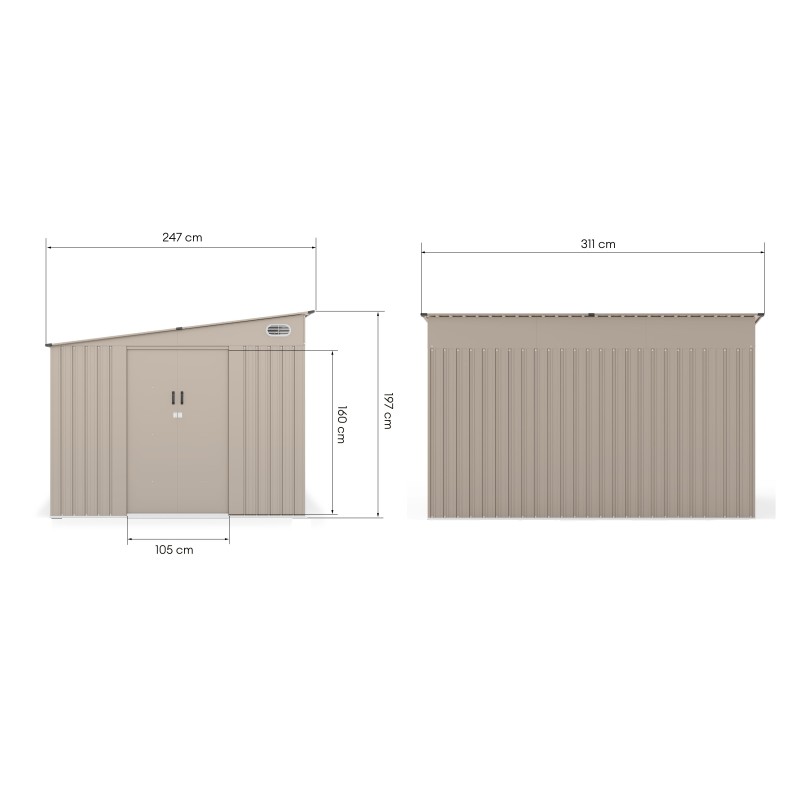 Domek ogrodowy George ll z jednospadowym dachem, 247x311 cm, 7,19 m², metalowy, beżowy