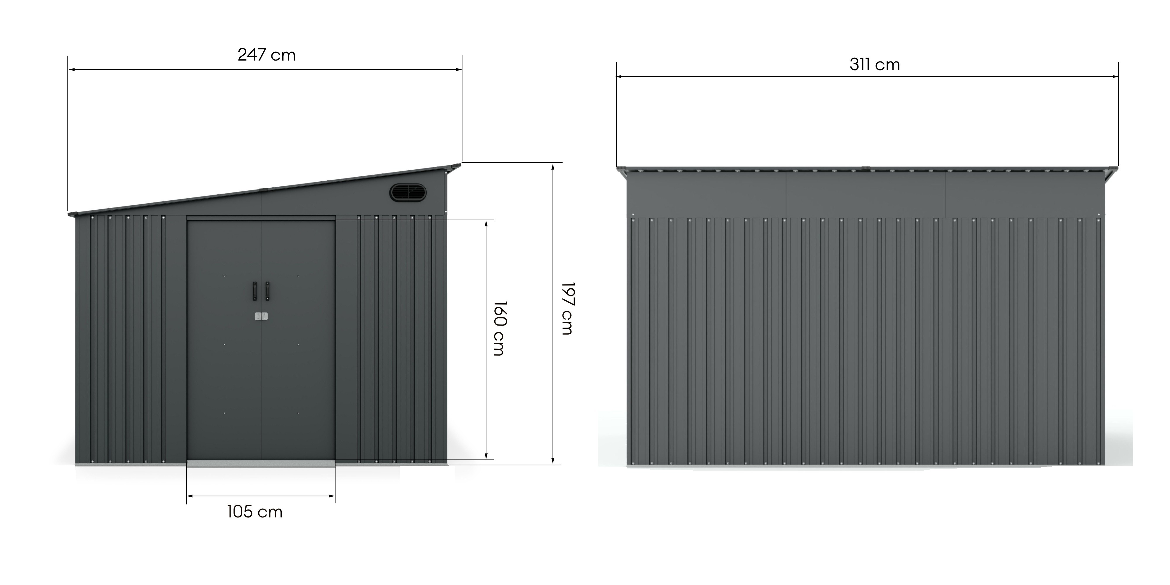 Domek ogrodowy George ll z jednospadowym dachem, 247x311 cm, 7,19 m², metalowy, antracytowy
