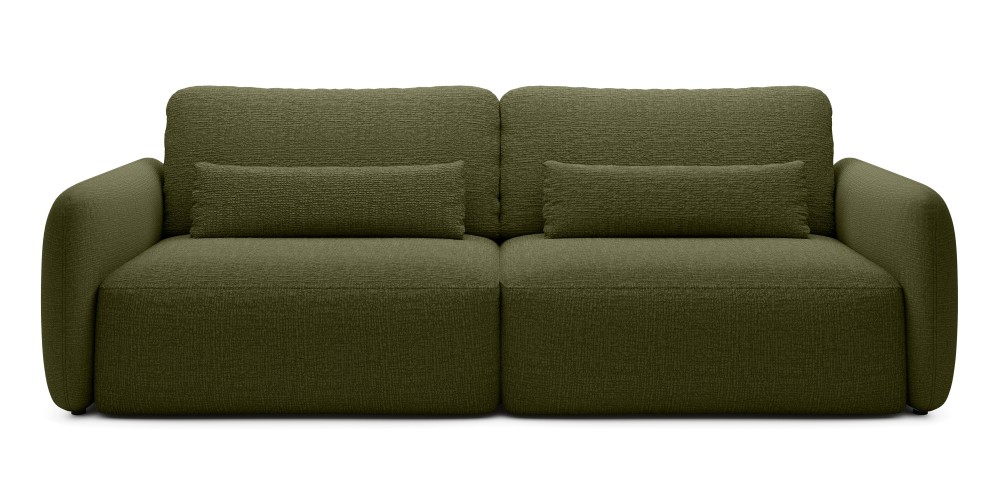 Sofa rozkładana Mossa oliwkowozielona z pojemnikiem, obłe kształty