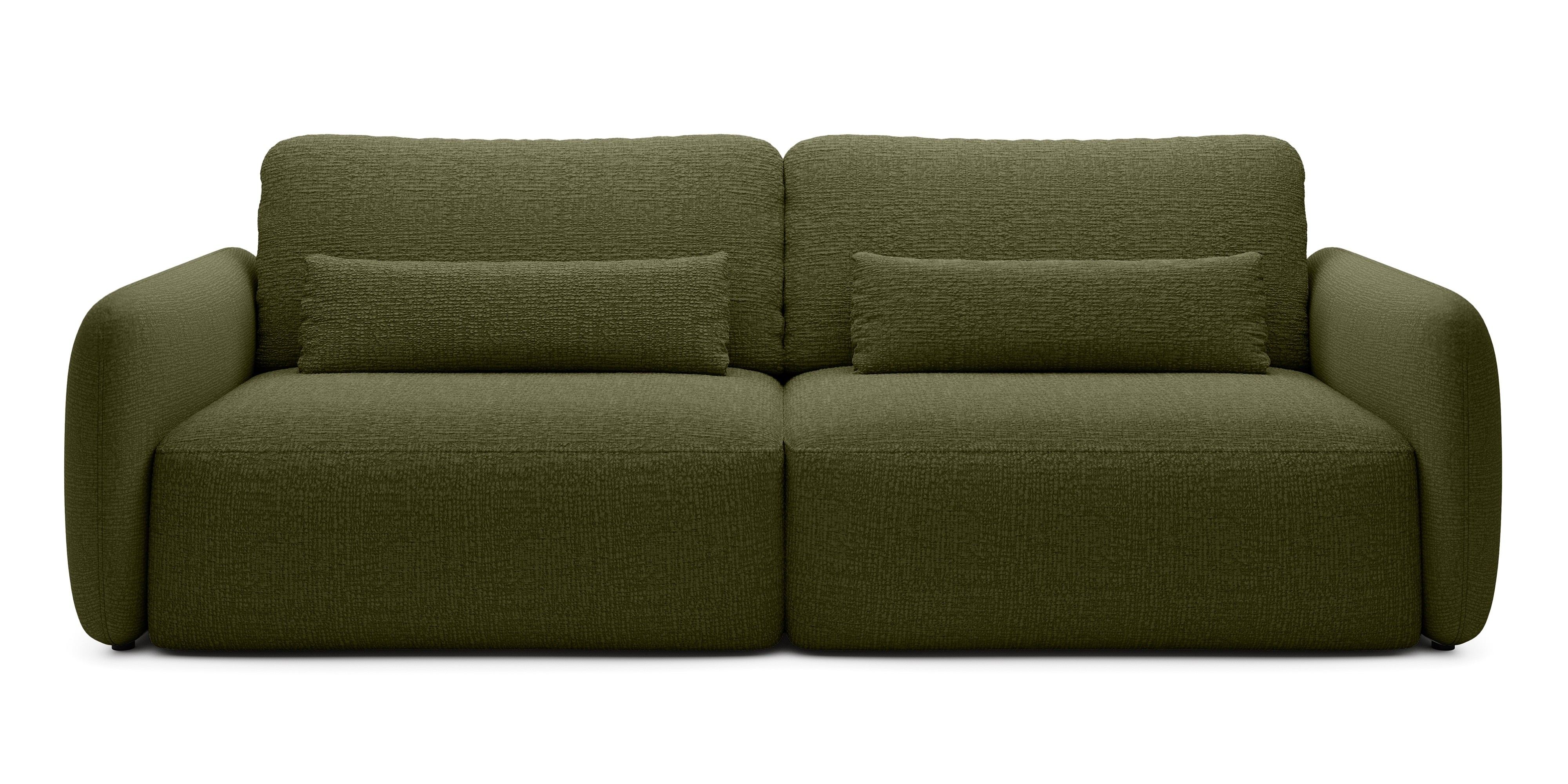 Sofa rozkładana Mossa oliwkowozielona z pojemnikiem, obłe kształty
