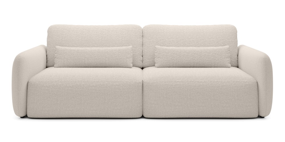 Sofa rozkładana Mossa jasnobeżowa z pojemnikiem, obłe kształty