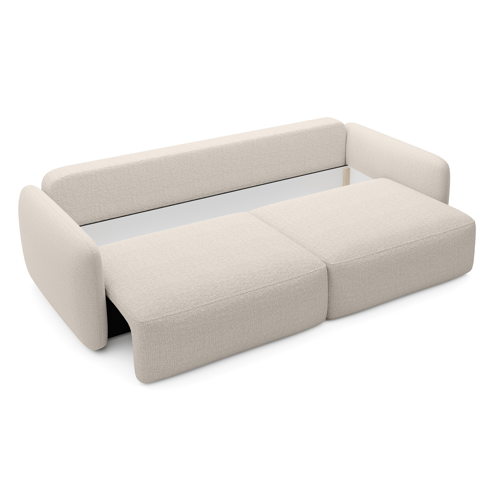 Sofa rozkładana Mossa jasnobeżowa z pojemnikiem, obłe kształty